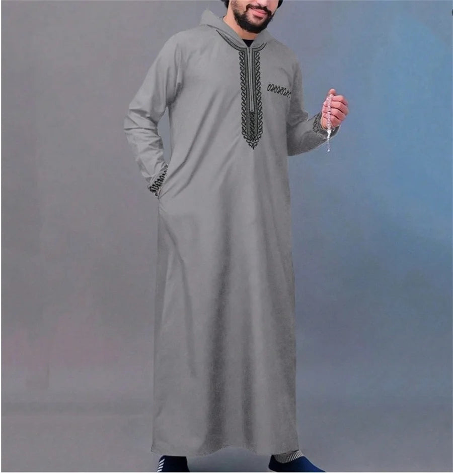 Men's Hooded Ramadan Robe Kaftan Muslim Thobe Long Sleeve Embroidered Islamic Casual Loose Dress for Saudi Arabia