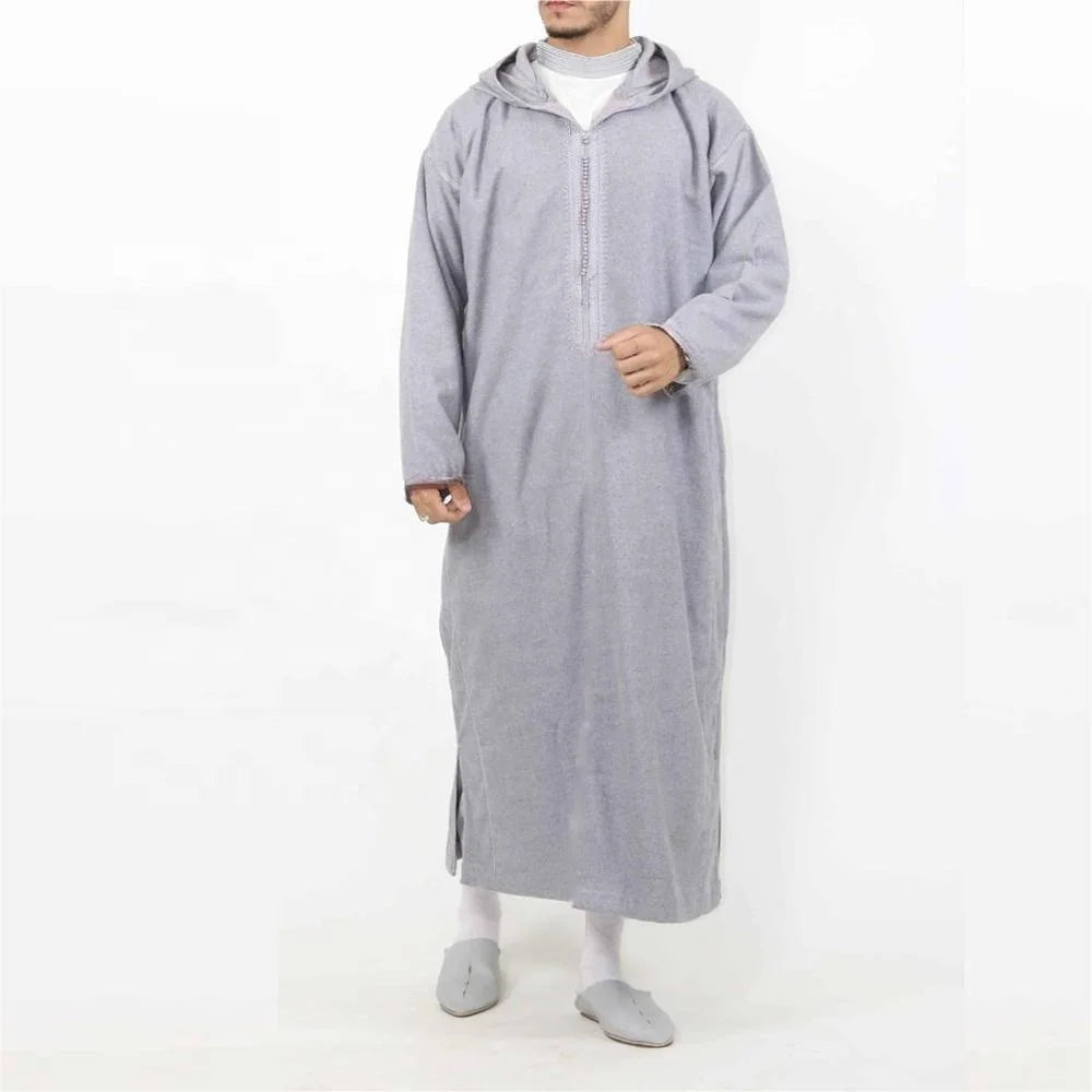 Men's Jellaba Thobe Hooded Long Sleeve Muslim Robe Galabia Musulamne Boubou Dress Elegant Islam Kameez for All Seasons Size M-4XL