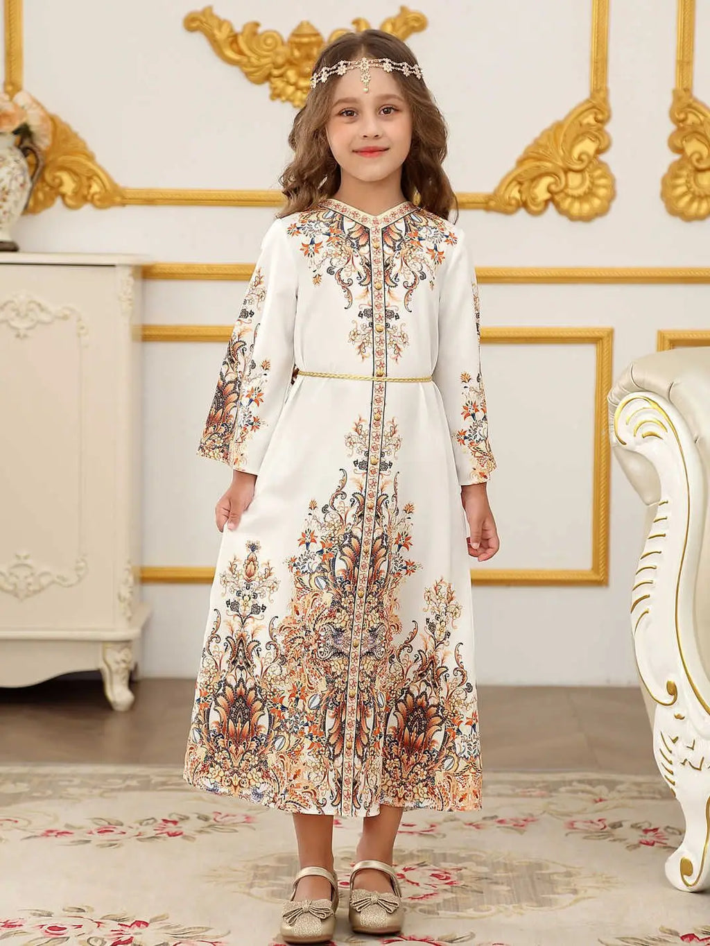 Middle East Robes for Girls Muslim Fashion Abayas Arabian Turkish Kaftan Dubai Islamic Children Clothing Print Dress Party Gowns