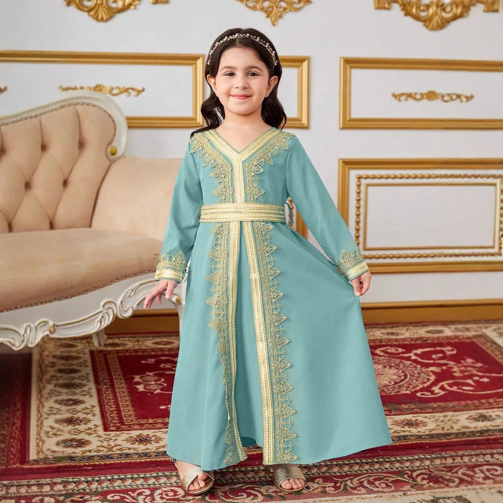 New Girl Ethnic Kaftan Dress Fashion Muslim Child Lace With Bow Belt Long Sleeves Dubai Banquet Gown Dress