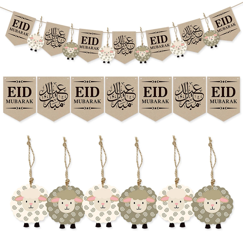 Eid Mubarak Banner with Sheep Ornaments, Islamic Wall Hanging Decor for Eid al-Fitr & Adha, Ramadan Kareem Home Party Decor Gift