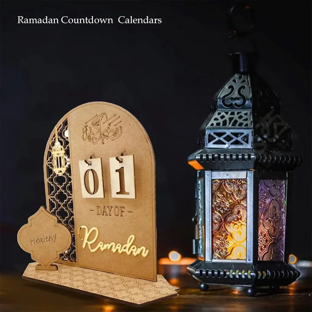 Wooden Ramadan Eid Countdown Calendar Islamic Mubarak-Themed Party Supplies for Home Room Decoration Indoor Desk Accessory