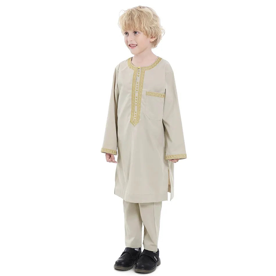 Ramadan Eid Muslim Boys Clothing Set Arab Thobe 2-Piece Outfit Long Sleeve Traditional for Kids Summer National Festival Costume