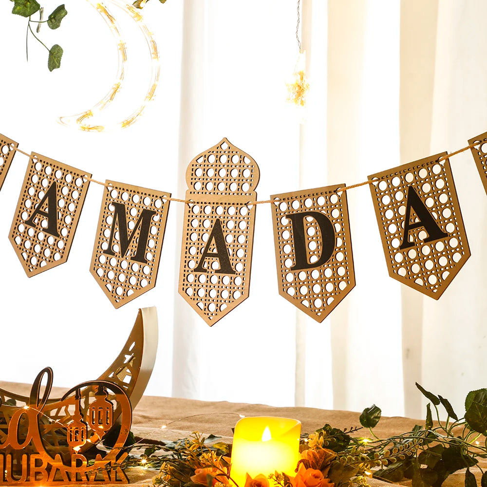 Ramadan Mubarak Banner - Hollow Lantern Hanging Garland for Islamic Muslim Eid Festival Home Party Ornament Wall Decor Supplies