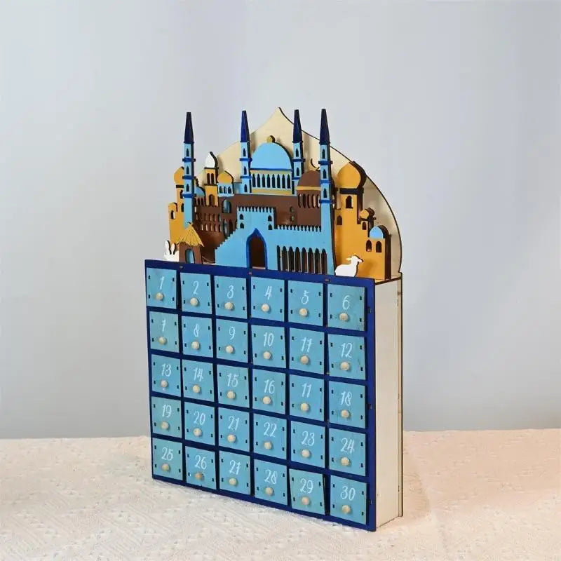 587F Eid Ramadans Countdown Calendar with LED Light and 30 Small Drawers Advent Decors for Islamics Parties Celebration