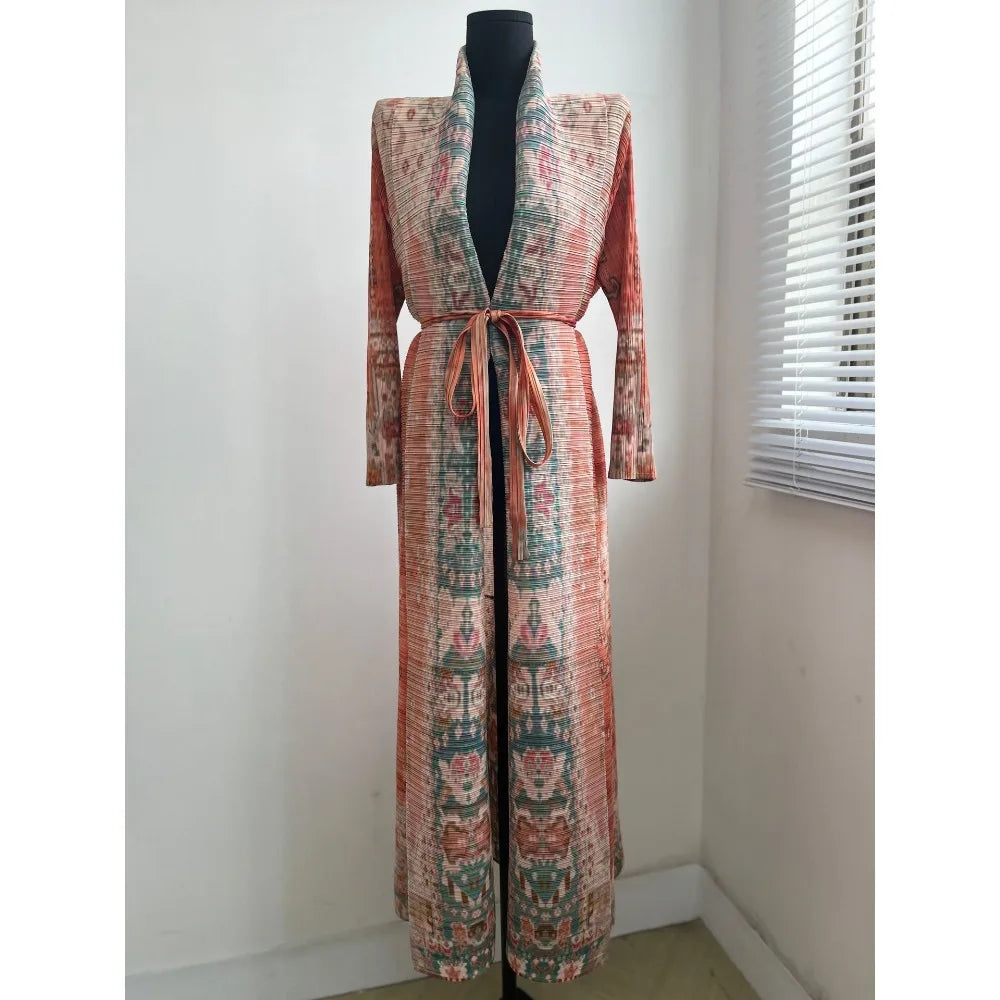Miyake Pleated Women's Long Cardigan Windbreaker Coat Autumn New Ethnic Style Printing Loose Plus Size Dress Cloak Robe