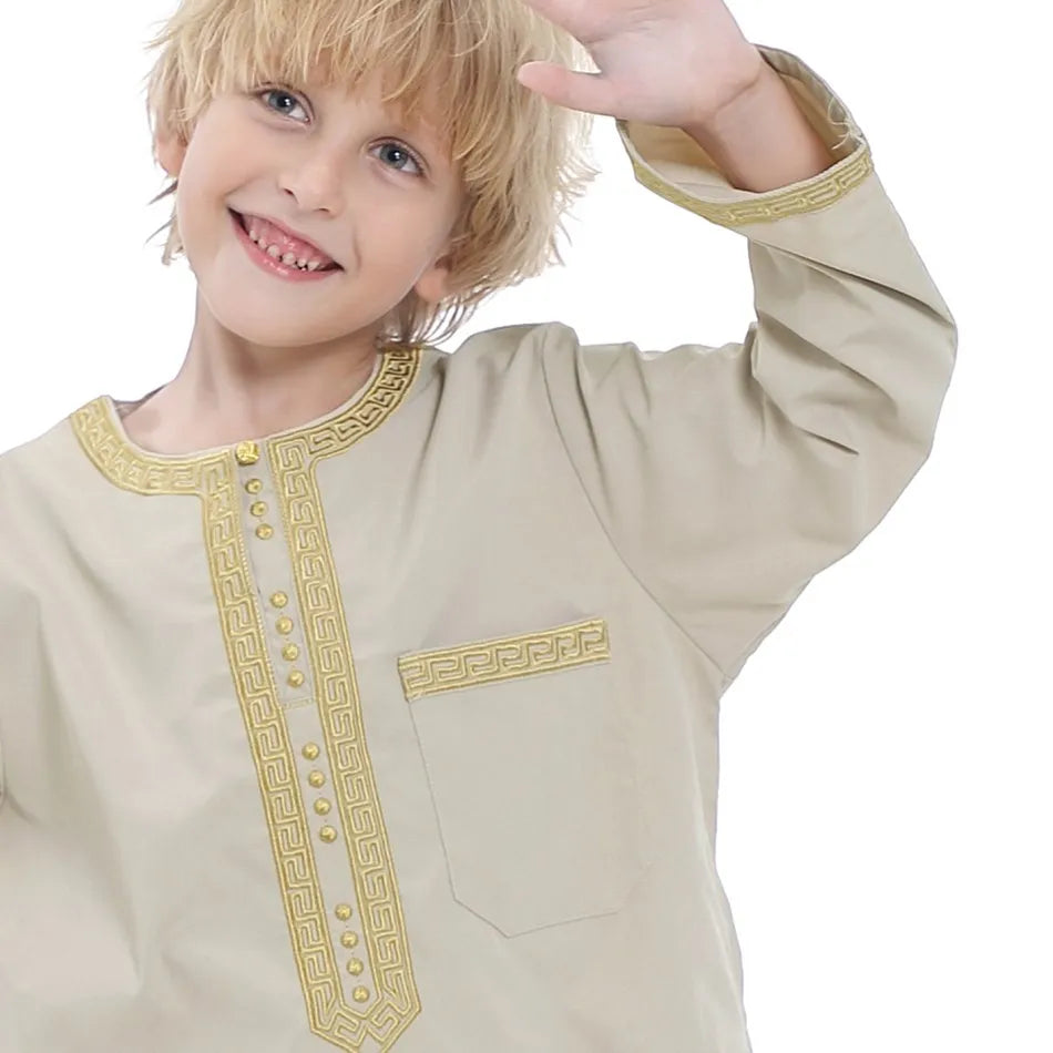 Ramadan Eid Muslim Boys Clothing Set Arab Thobe 2-Piece Outfit Long Sleeve Traditional for Kids Summer National Festival Costume