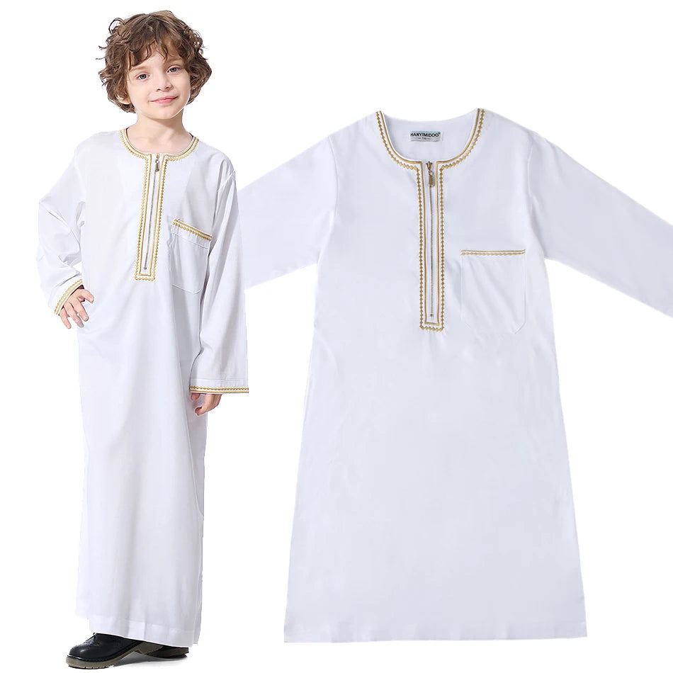 2025 New Children Thawb Teens Summer Muslim Robe Kids Arab Folk Clothes Boys Solid Color Thobe 5-14 Years National Outfit