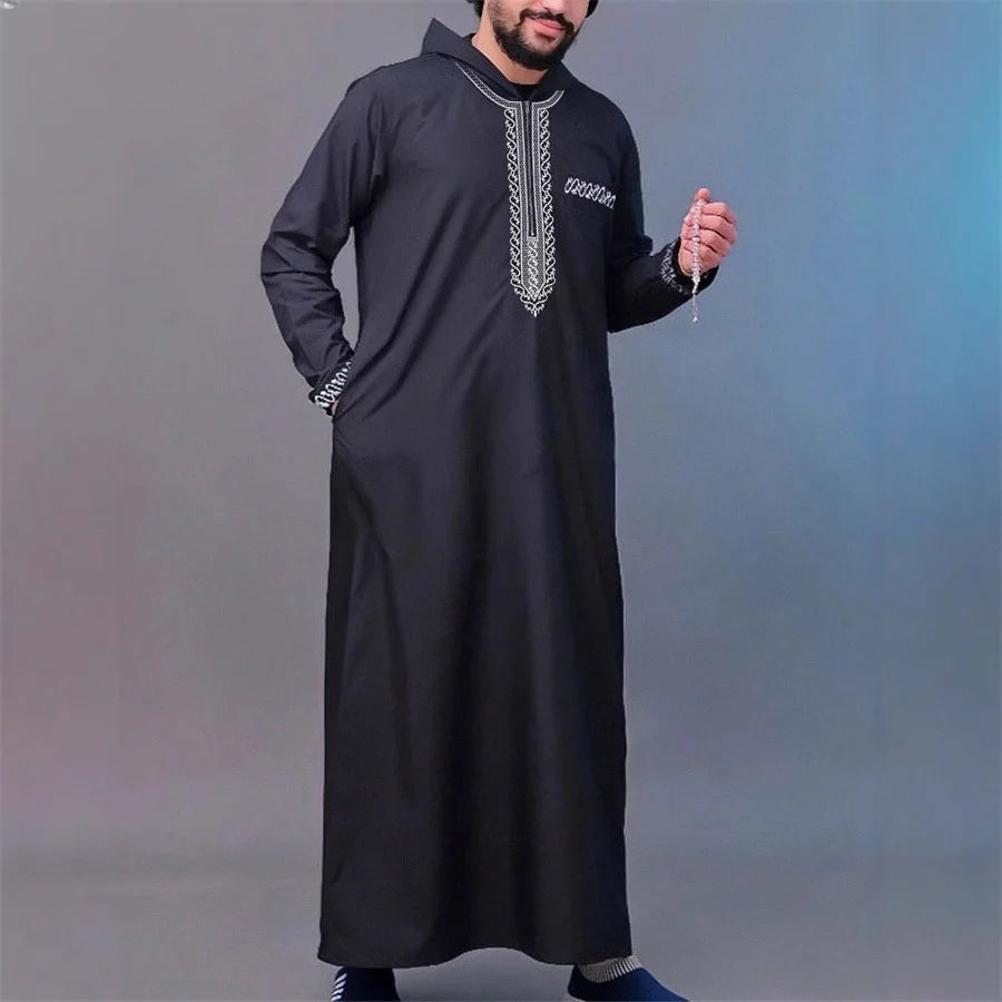 Men's Hooded Ramadan Robe Kaftan Muslim Thobe Long Sleeve Embroidered Islamic Casual Loose Dress for Saudi Arabia