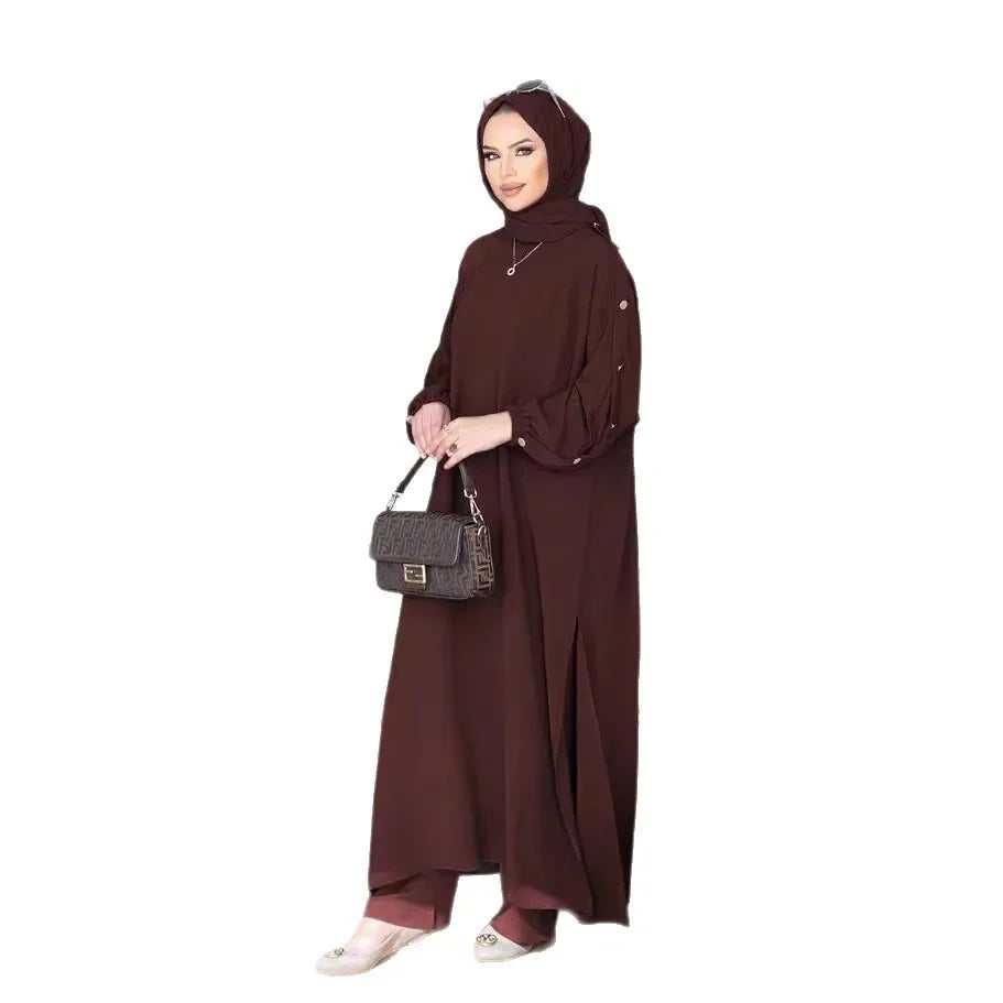 New Muslim Women's Long Bubble Sleeve round Neck Gold Button Loose Casual Fashion Solid Color Set with Pocket