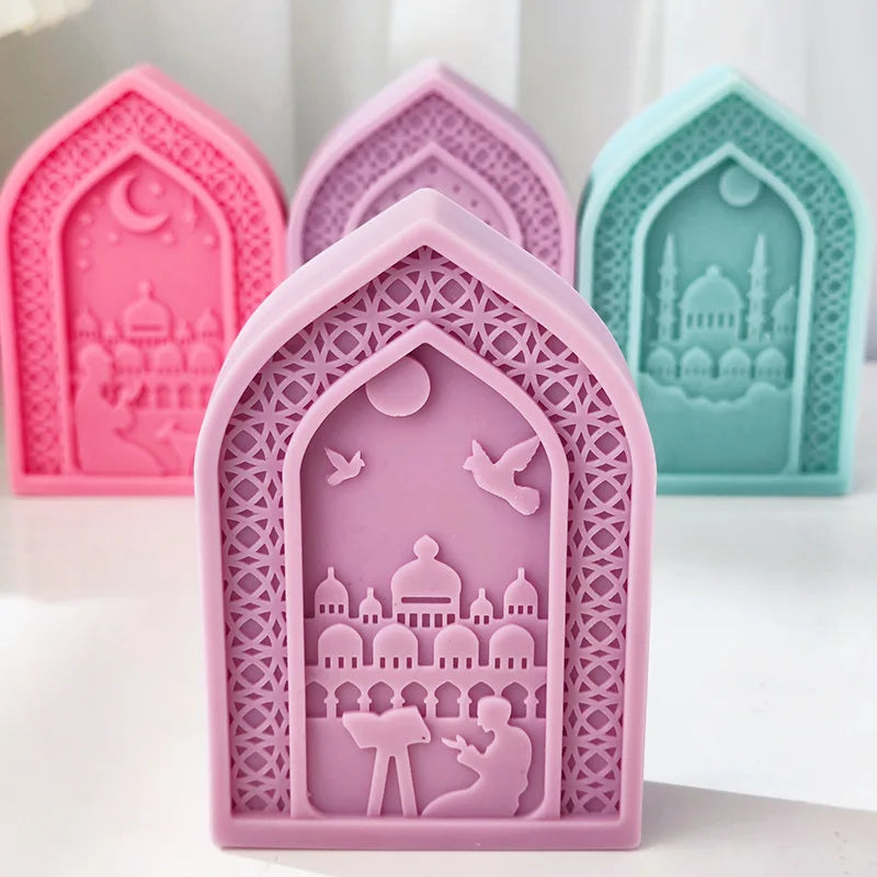 Prayer Arabic Gate Candle Silicone Mold Flat Relief Mosque Architectural Style Soap Resin Mold Eid al Fitr Decor Supplies