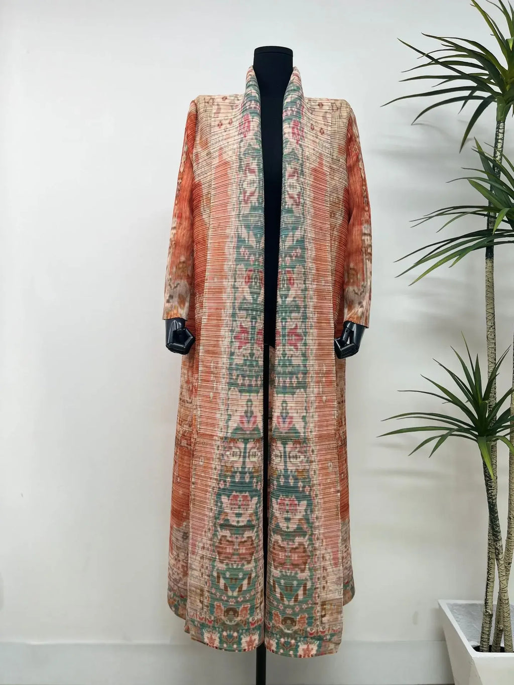 Miyake Pleated Women's Long Cardigan Windbreaker Coat Autumn New Ethnic Style Printing Loose Plus Size Dress Cloak Robe