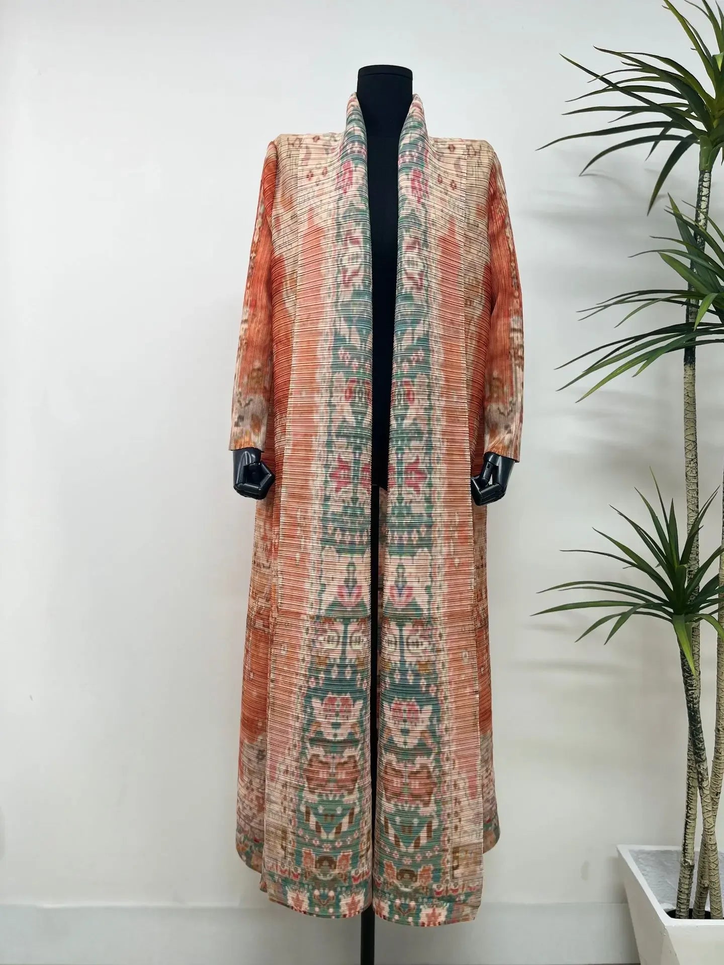 Miyake Pleated Women's Long Cardigan Windbreaker Coat Autumn New Ethnic Style Printing Loose Plus Size Dress Cloak Robe
