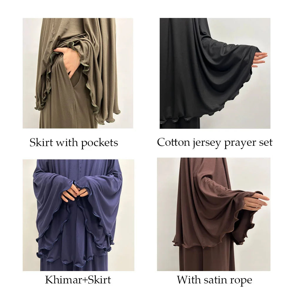 Cotton Jersey Prayer Set Stretchy EID Ramadan Islam Muslim Women Satin Rope Instant Hijab Khimar Skirt Pockets 2 Piece Jilbab