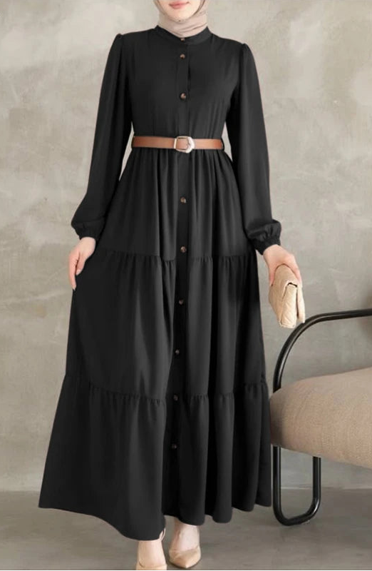 Women Autumn Dresses  Fashion Muslim Abaya Dress O Neck Long Sleeve Sundress Pleated Robe Elegant Work Dress Vestidos