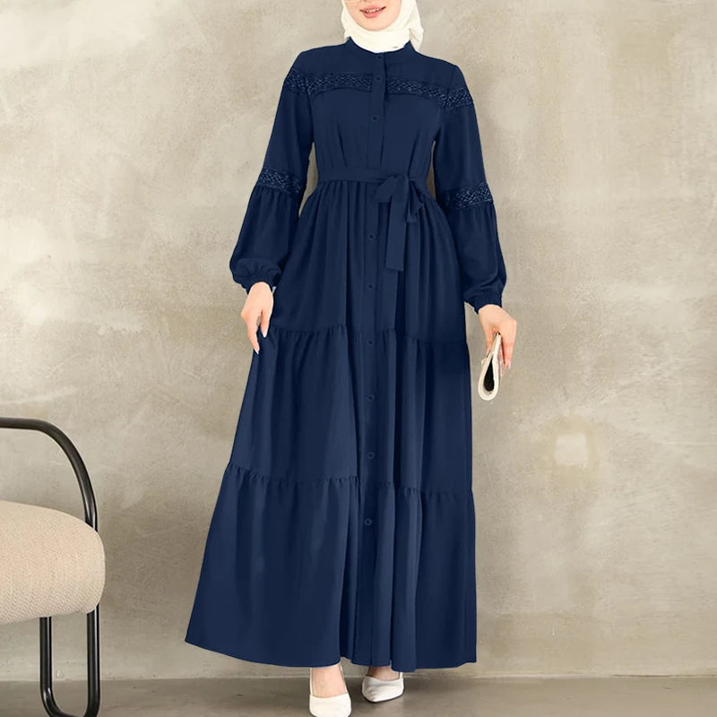 Dresses Elegant Lace Patchwork O-Neck Long Sleeve Belted Tiered A-Line Dress Abaya Robes