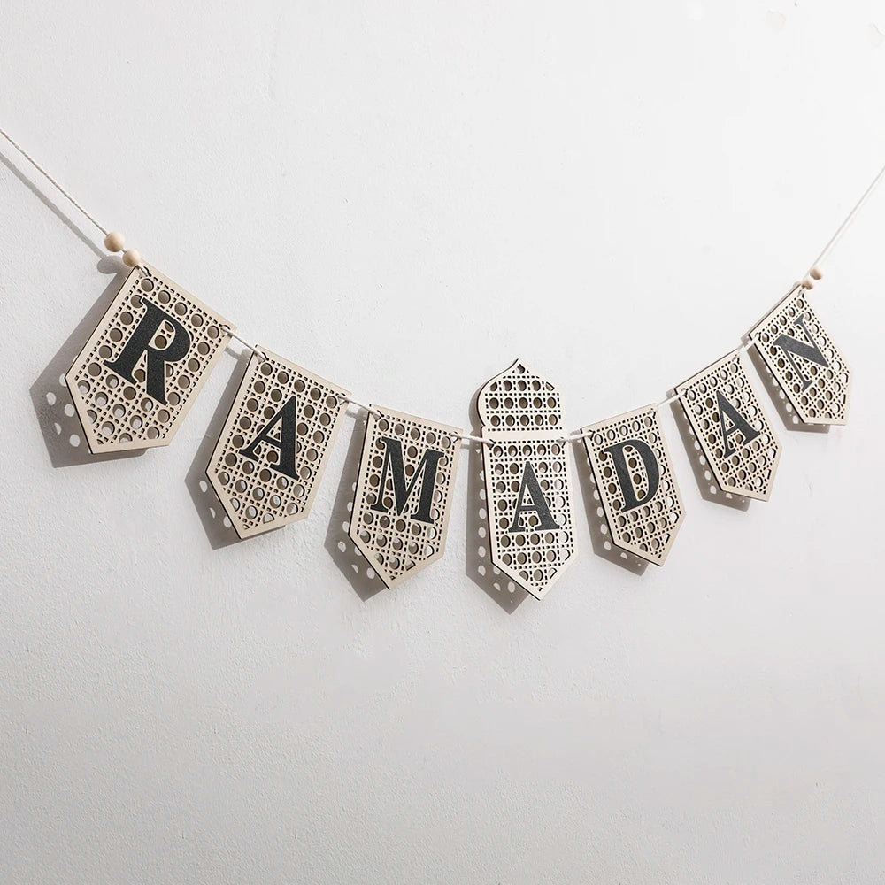 Ramadan Mubarak Banner - Hollow Lantern Hanging Garland for Islamic Muslim Eid Festival Home Party Ornament Wall Decor Supplies