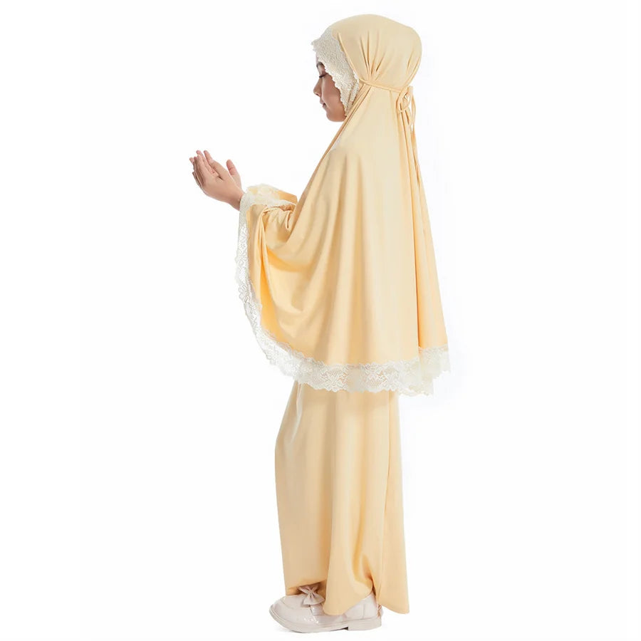 Ramadan Eid Kaftan Girls Khimar Abaya Set Kids Dubai Turkey 2 Piece Hijab Muslim Dress Islam Khimar Skirt Robe Prayer Clothes