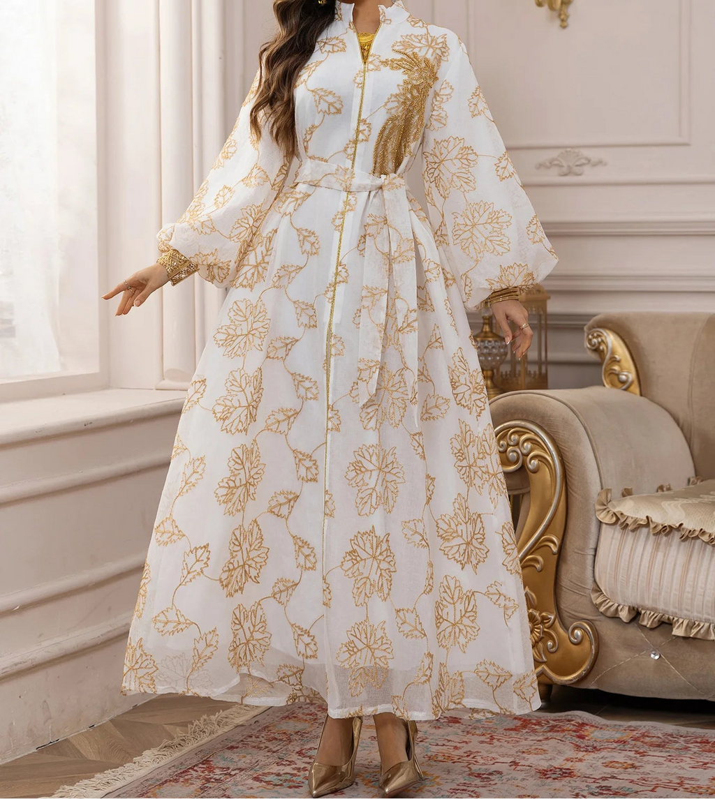 Luxury Muslim Abaya White Base Gold Floral Embroidered Long Dress with Belted Waist Elegant Modest Islam Formal Wear  Dubai