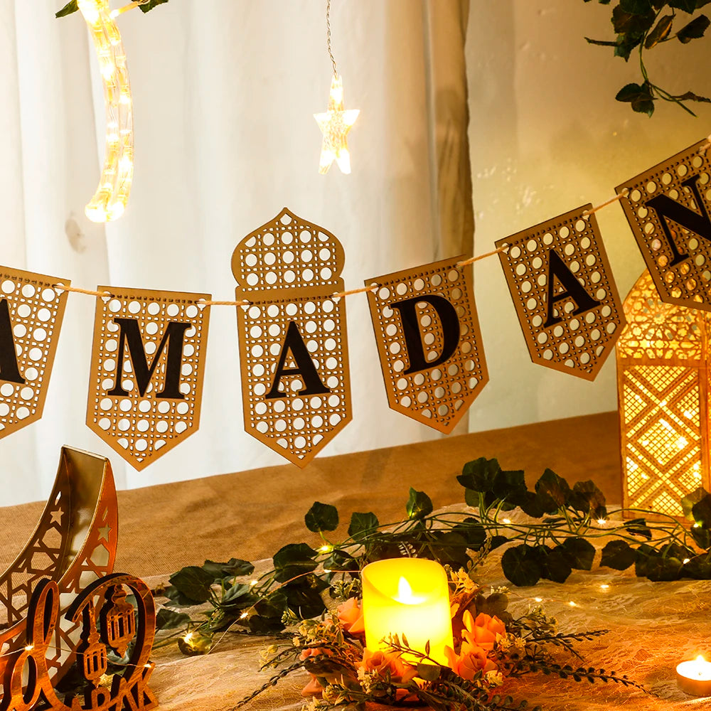 Ramadan Mubarak Banner - Hollow Lantern Hanging Garland for Islamic Muslim Eid Festival Home Party Ornament Wall Decor Supplies
