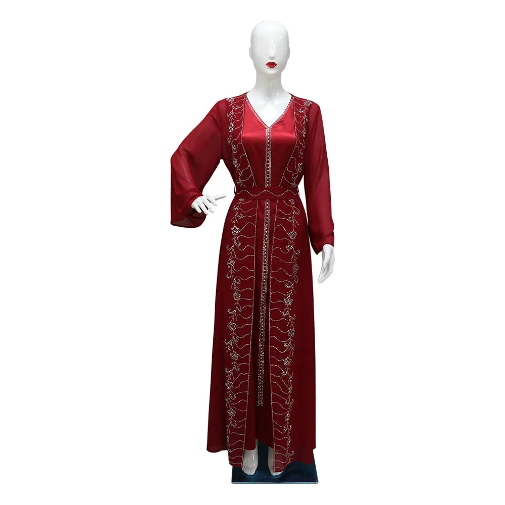 Muslim Set Dress Women Four-season Commute Muslim Set Fashion Party Dubai Turkey Long Sleeve Chiffon Cardigan Dress and Vest 2ps