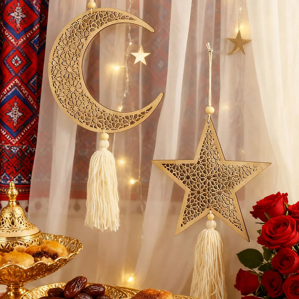 Ramadan Wooden Hanging Ornaments，Moon and Star Hollow Mesh Wall Decor with Tassel ，Eid Mubarak Muslim Decor，Ramadan Kareem Gift