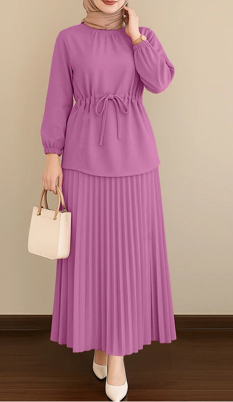 Autumn Outfits Muslim Women 2 Piece Sets Elegant Fashion Long Sleeve Tops Pleated Maxi Skirts Suit 2PCS Tracksuits