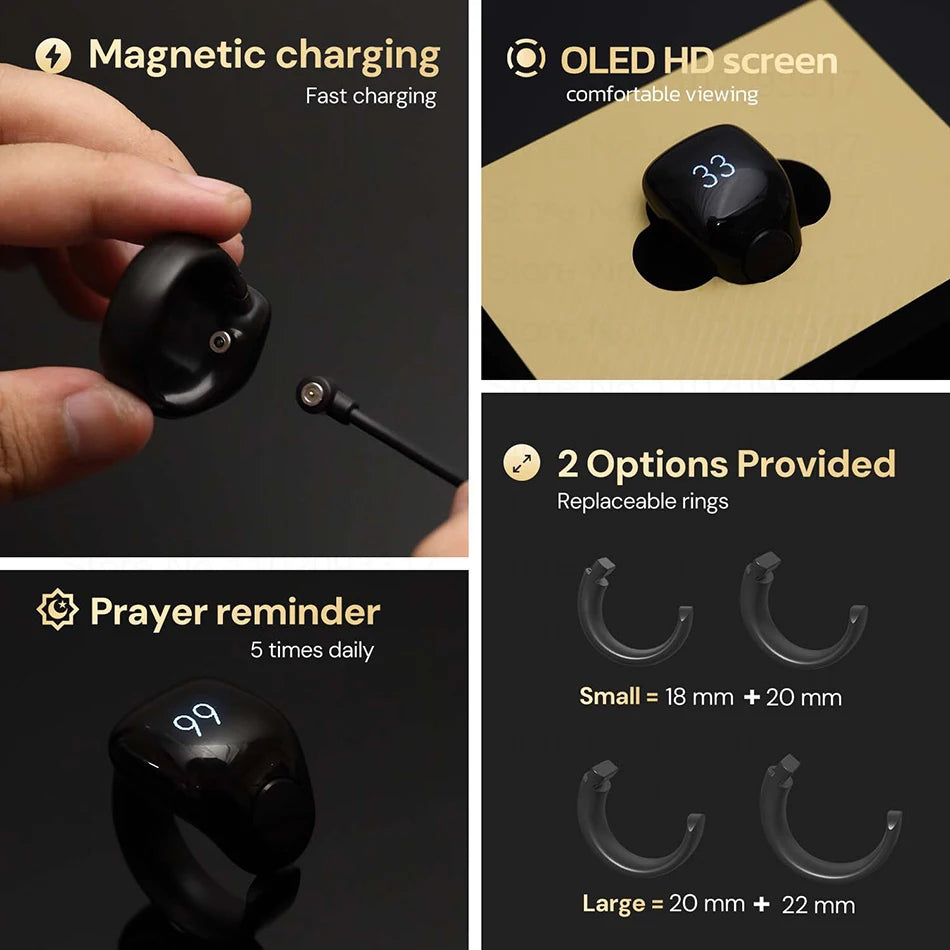 Weslamic Smart Tasbeeh Zikr Ring Islamic Tally Digital Counter for Muslims Praise Prayer Reminder Magnetic Charging Waterproof