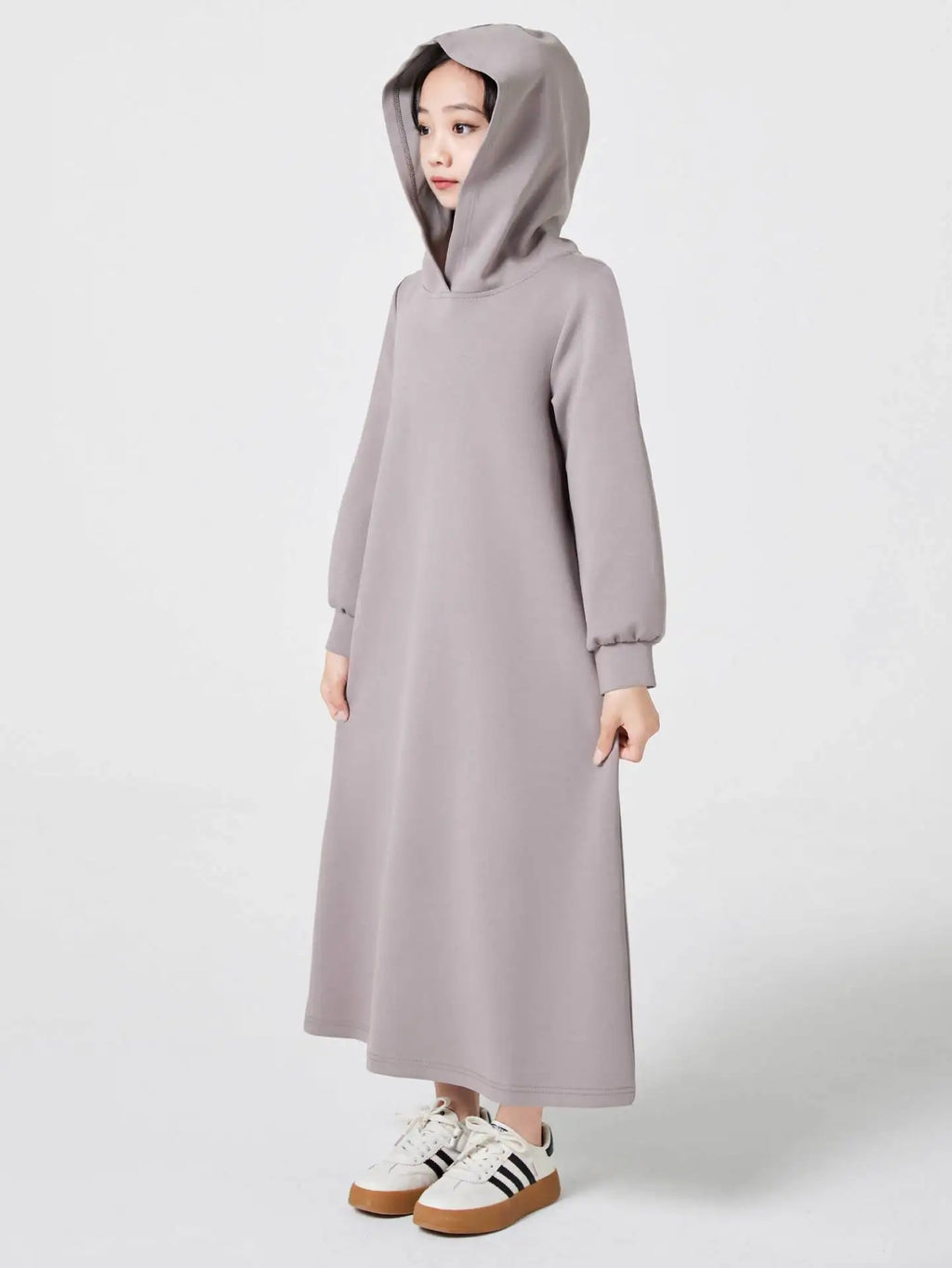 Middle East Muslim Fashion Abayas for Girls Solid Color Simple Hoodie Dress with Pocket Hooded Cuff Design Eid Ramadan Kids Robe