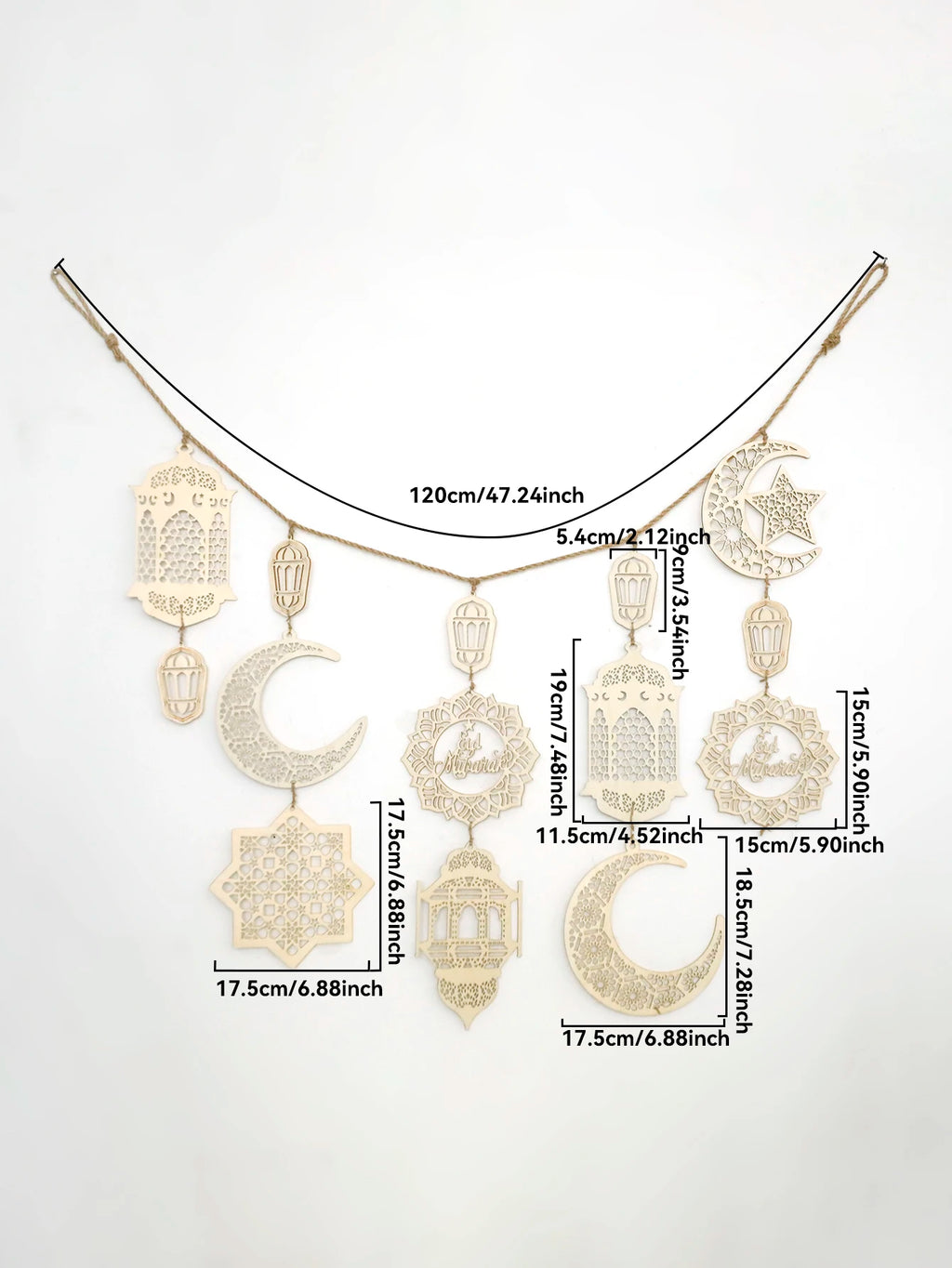 Eid Mubarak Wooden Garland Islamic Moon Star Lantern Hanging Decor for Ramadan Kareem Muslim Festival Home Party Wall Decoration