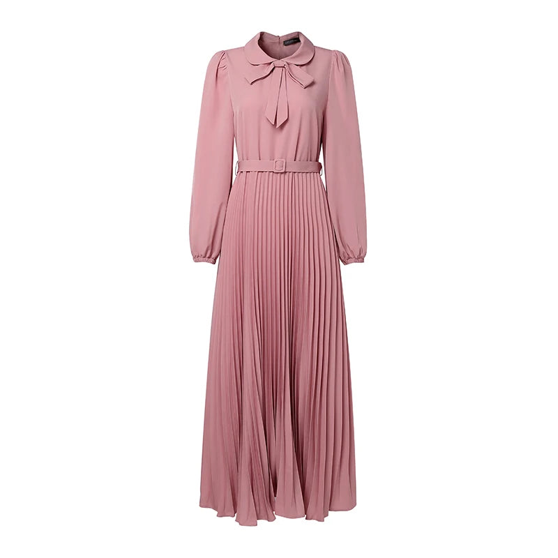 Dress Abaya Women Long Lantern Sleeve Pleated Sundress Belted Robe Femme Work Dresses