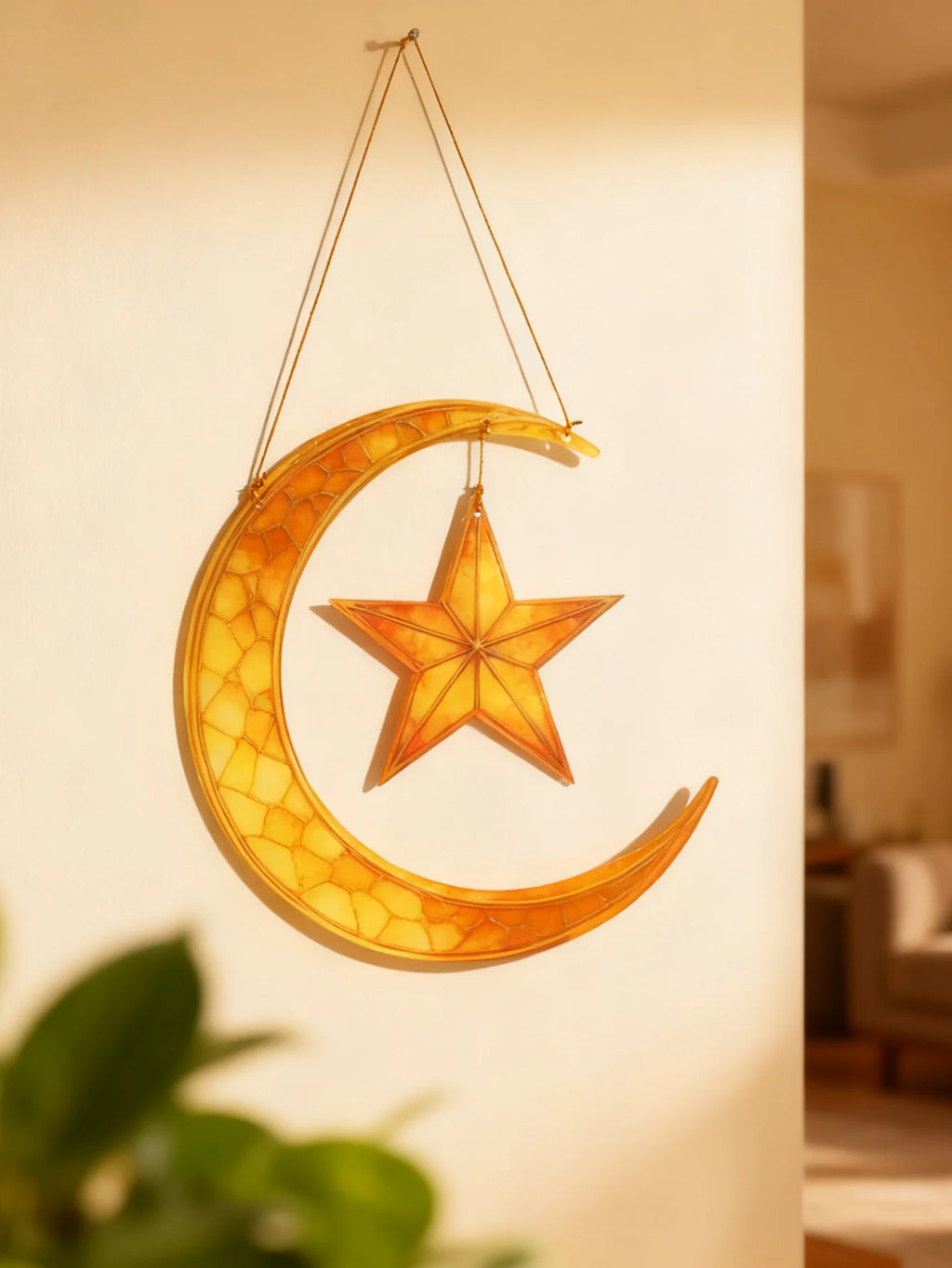 Islamic Moon Star Lantern Hanging Decor - Acrylic Eid Mubarak Ornament for Ramadan Kareem Muslim Festival Home Window Wall Decor