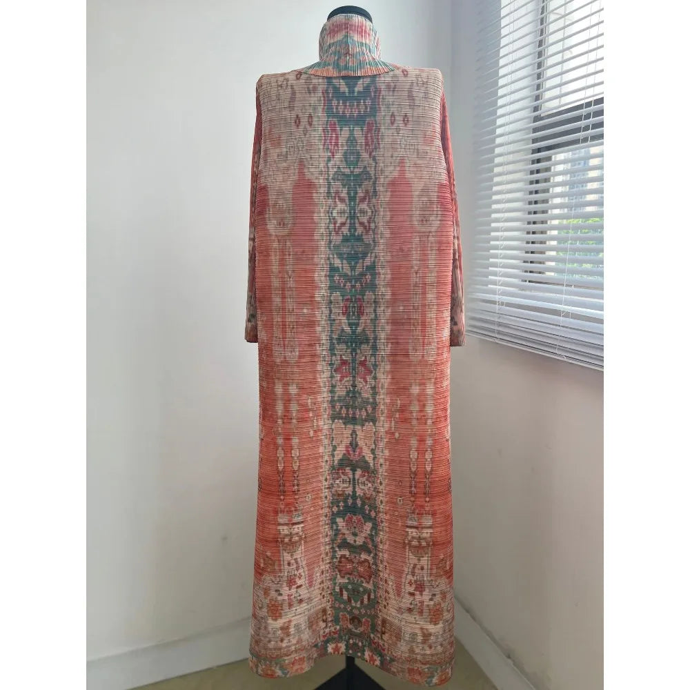 Miyake Pleated Women's Long Cardigan Windbreaker Coat Autumn New Ethnic Style Printing Loose Plus Size Dress Cloak Robe