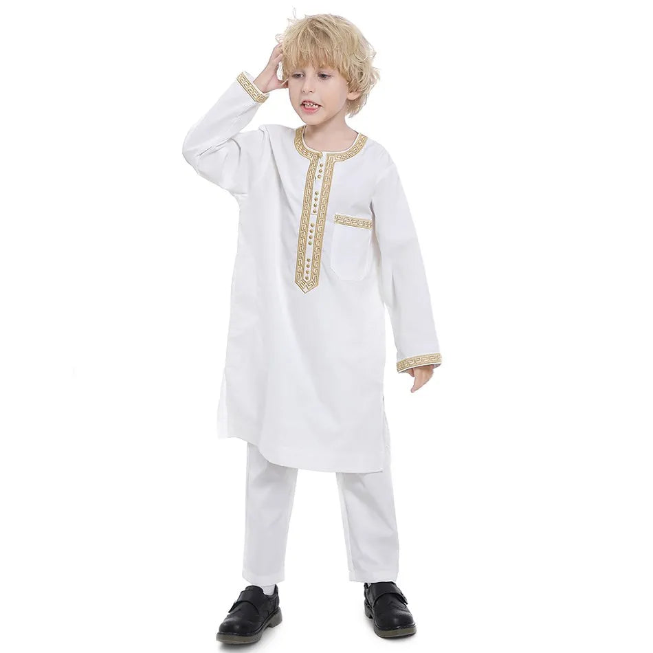 Ramadan Eid Muslim Boys Clothing Set Arab Thobe 2-Piece Outfit Long Sleeve Traditional for Kids Summer National Festival Costume