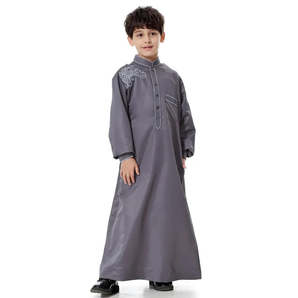 2025 New Kids Robe Children Embroidery Outfit Boys Ramadan Thawb Teens Long Sleeve National Clothes Arab Muslim Thobe 5-12 Years