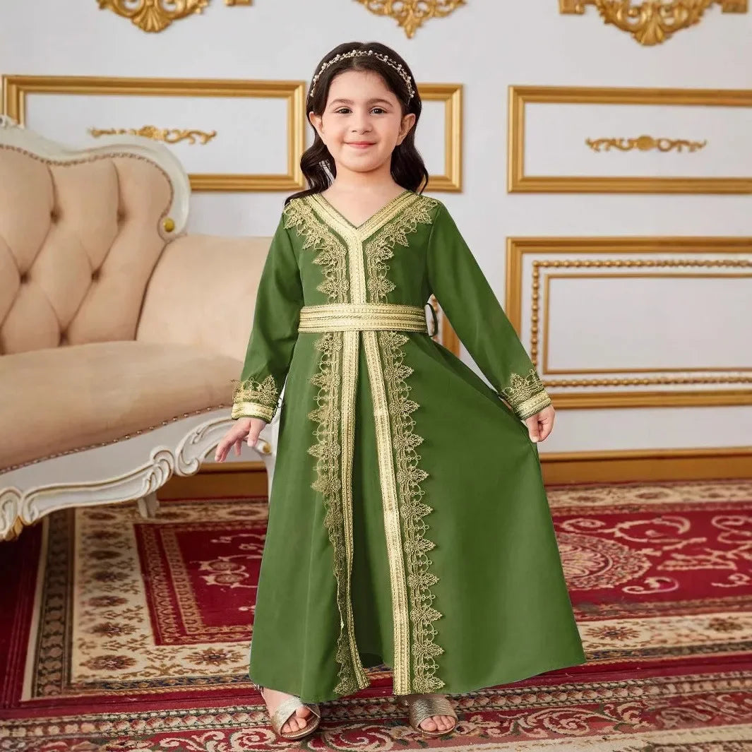 New Girl Ethnic Kaftan Dress Fashion Muslim Child Lace With Bow Belt Long Sleeves Dubai Banquet Gown Dress