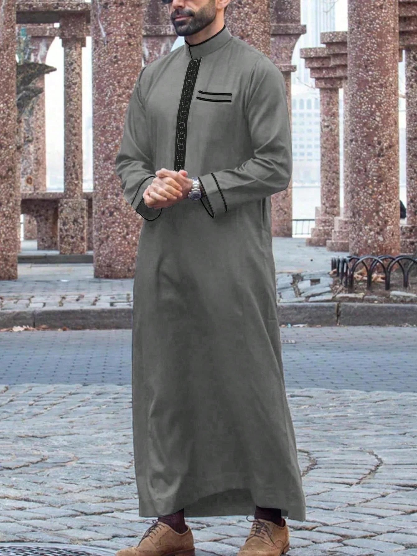 Luxury Men's Islam Muslim Arab Long Sleeve Embroidered Stand Collar Thoberobe Casual Style Polyester Elastane Jubba for All Seasons