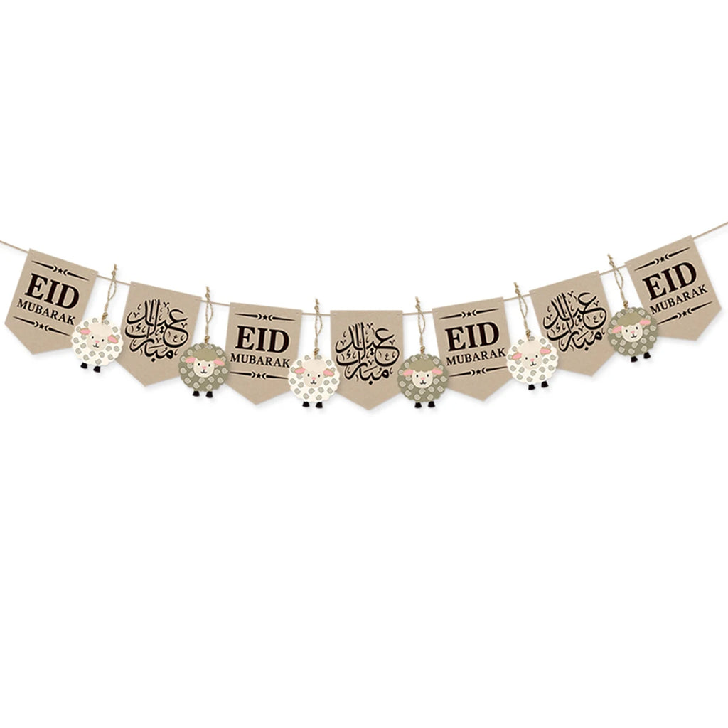 Eid Mubarak Banner with Sheep Ornaments, Islamic Wall Hanging Decor for Eid al-Fitr & Adha, Ramadan Kareem Home Party Decor Gift
