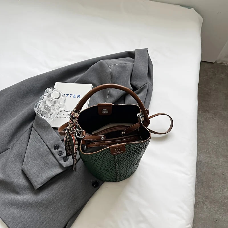 Fashionable Women's Bucket Bag, Stylish Solid Color Woven Effect Handbag Shoulder Bag and Crossbody Bag, Can Be Carried By Hand