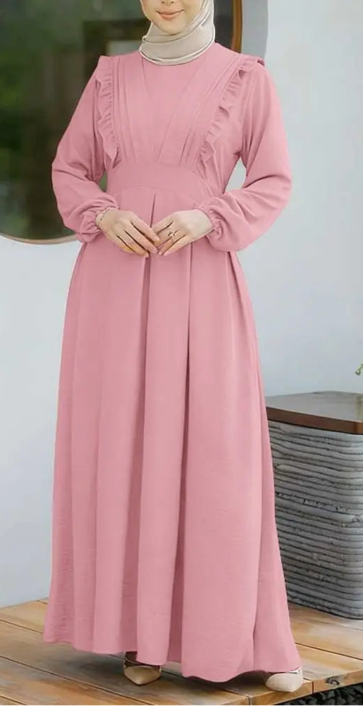 Dresses Modest Ruffles Trim O-Neck Lantern Sleeve Tied-Back Maxi Dress Muslim Woman Clothes 3XL