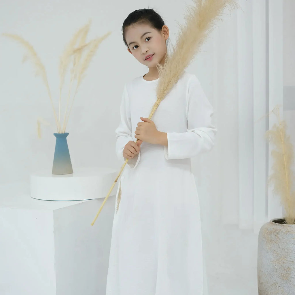 Muslim Kids Abaya Middle East Arab Children Long Sleeves Plain Color Dress Turkey Robe Islamic Girls Round Neck Clothing Modest