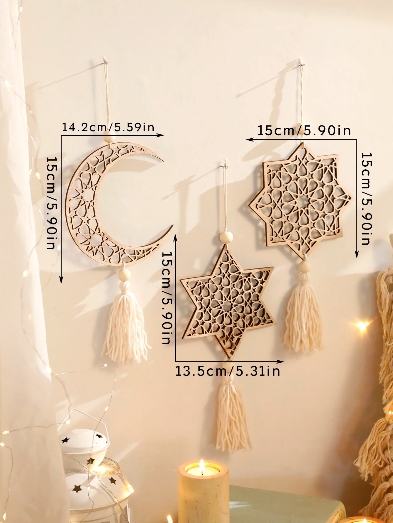 1/3Pcs Wooden Ramadan Hanging Ornaments With Tassels ,Eid Mubarak muslim decor Ramadan Kareem，Khaki Moon Ornaments Crafts Gift
