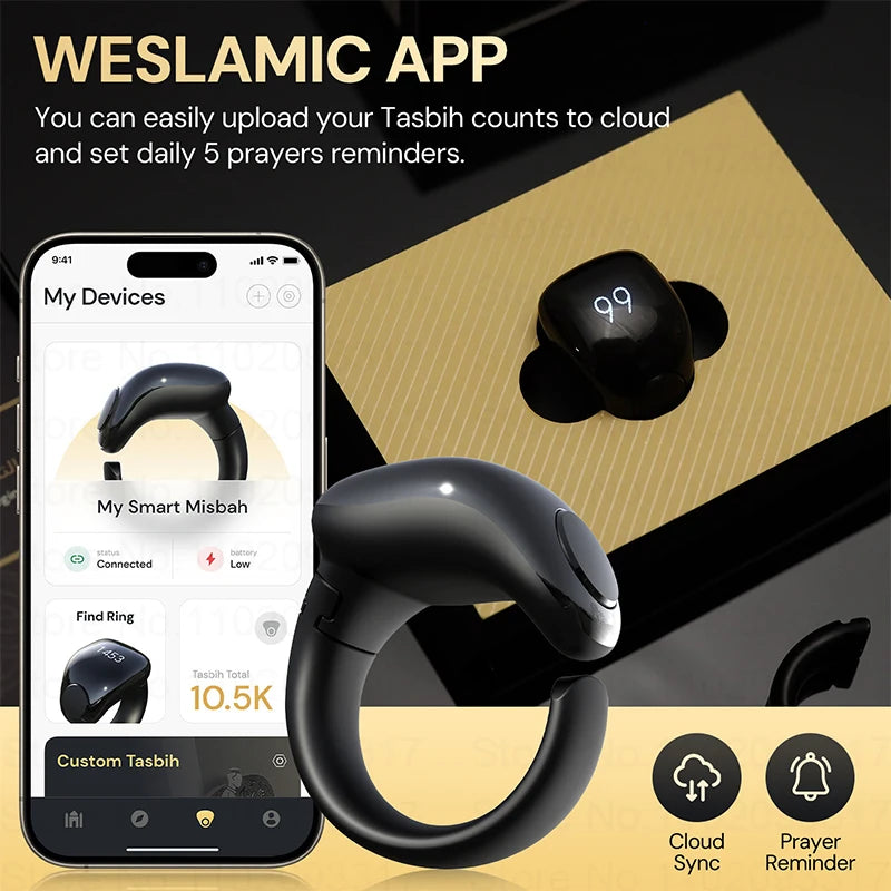 Weslamic Smart Tasbeeh Zikr Ring Islamic Tally Digital Counter for Muslims Praise Prayer Reminder Magnetic Charging Waterproof