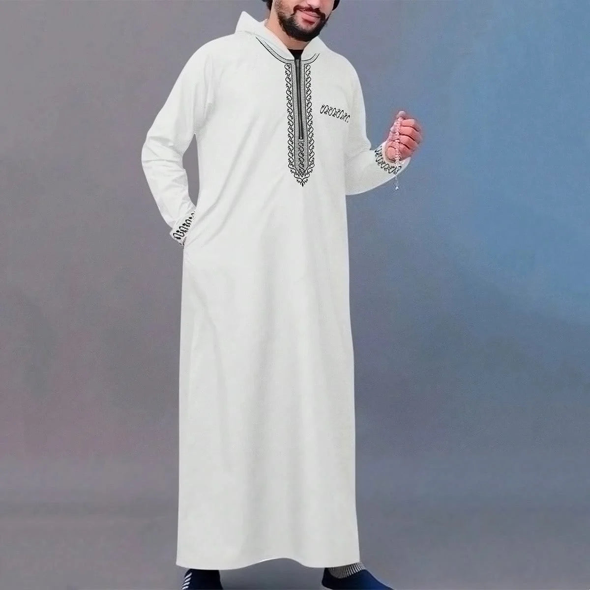 Muslim Men's Solid Color Hooded Zipper Thobe Long-Sleeved White Simple Islamic Arabic Ethnic Style Robe for Adult Party