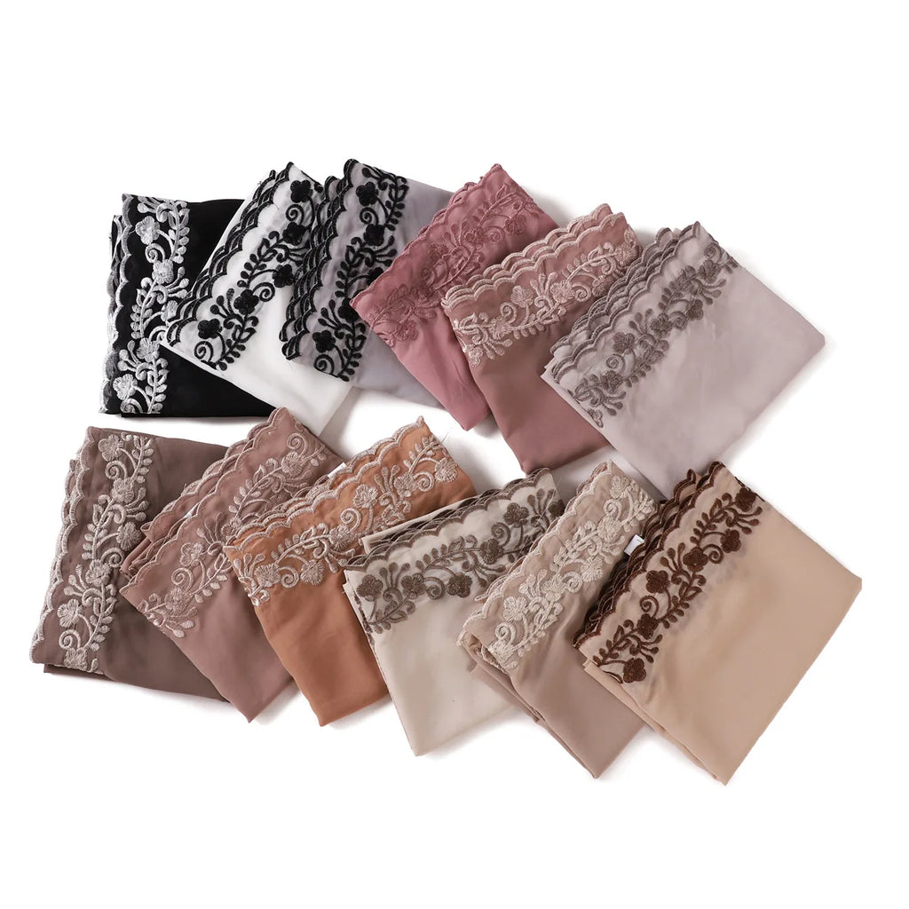 Embroidery Lace Chiffon Hijabs for women Vine Heavy Pearl Industry Edge Long Scarf Light Scarf Headscarf Shawl Turban Ramadan