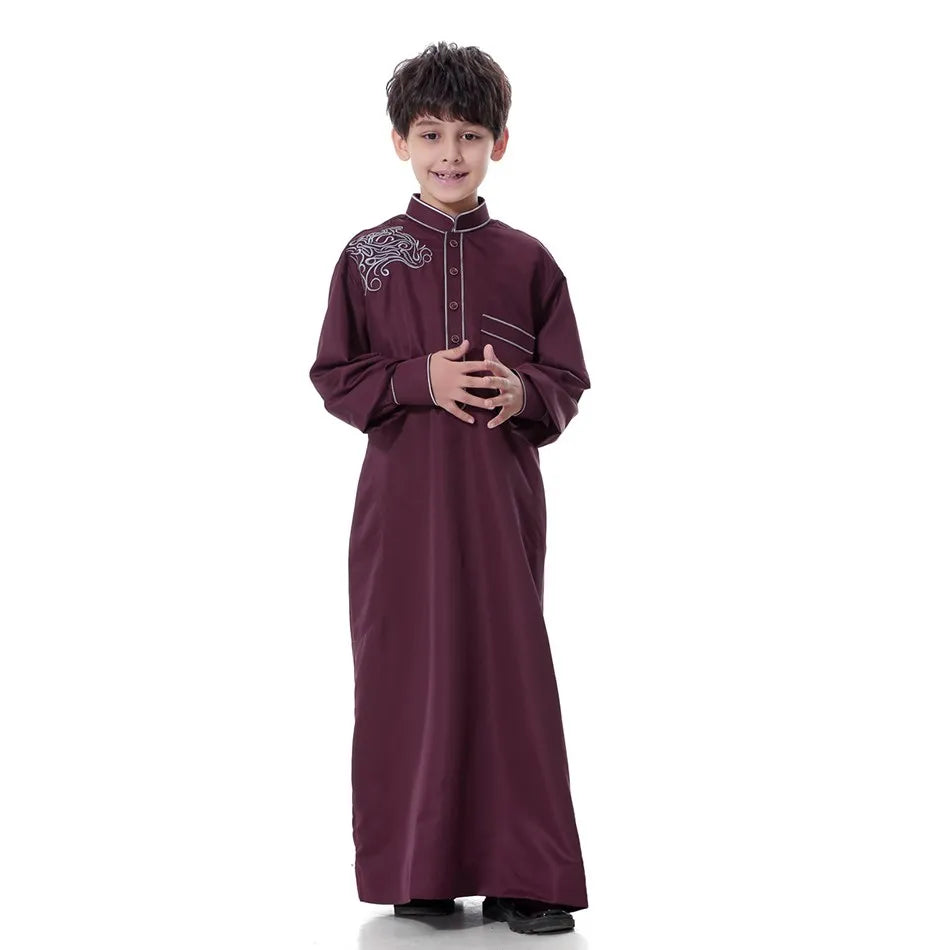 2025 New Kids Robe Children Embroidery Outfit Boys Ramadan Thawb Teens Long Sleeve National Clothes Arab Muslim Thobe 5-12 Years