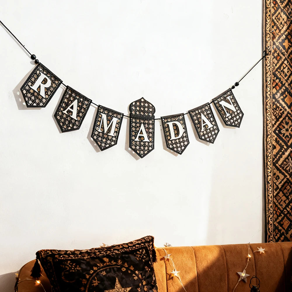 Ramadan Mubarak Banner - Hollow Lantern Hanging Garland for Islamic Muslim Eid Festival Home Party Ornament Wall Decor Supplies