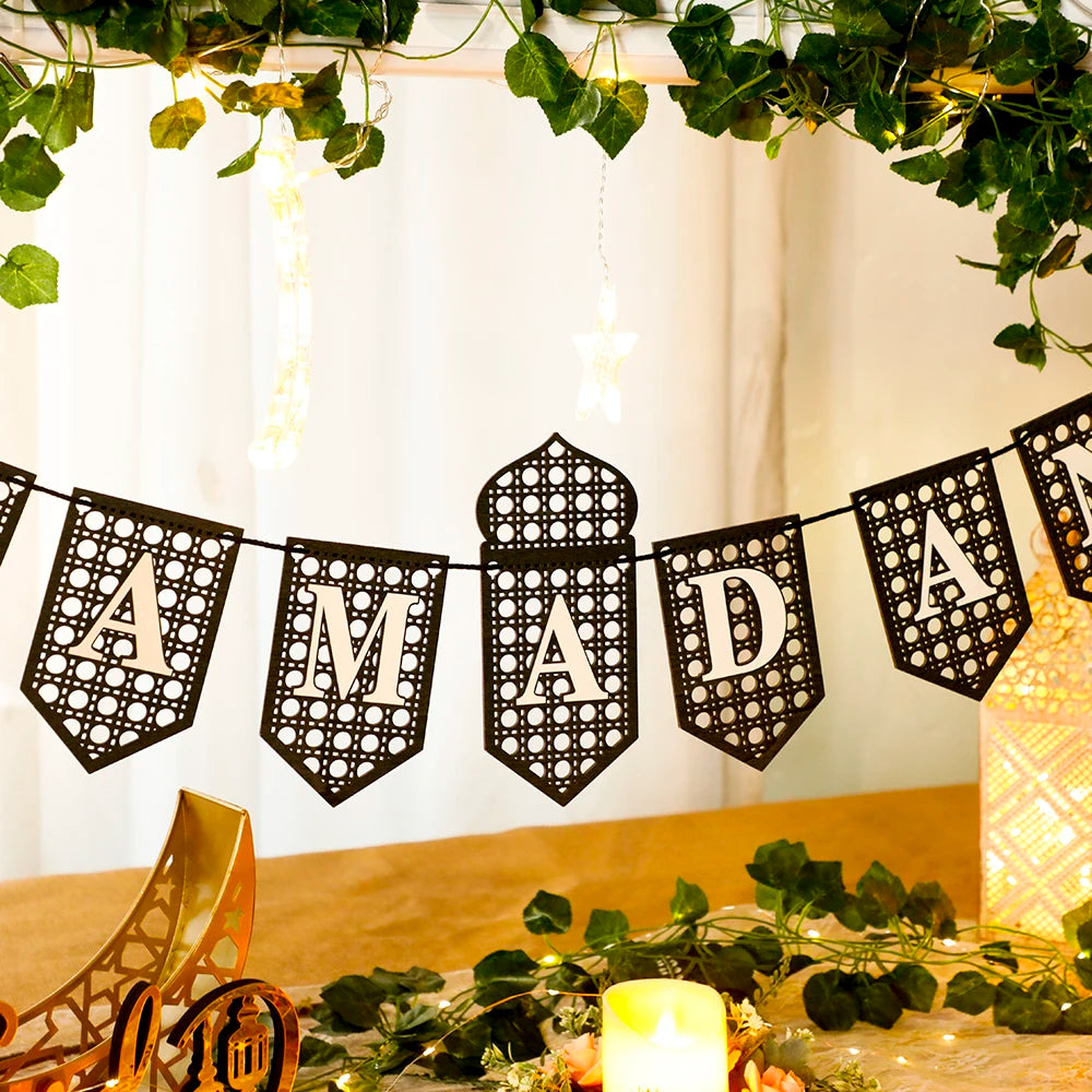 Ramadan Mubarak Banner - Hollow Lantern Hanging Garland for Islamic Muslim Eid Festival Home Party Ornament Wall Decor Supplies