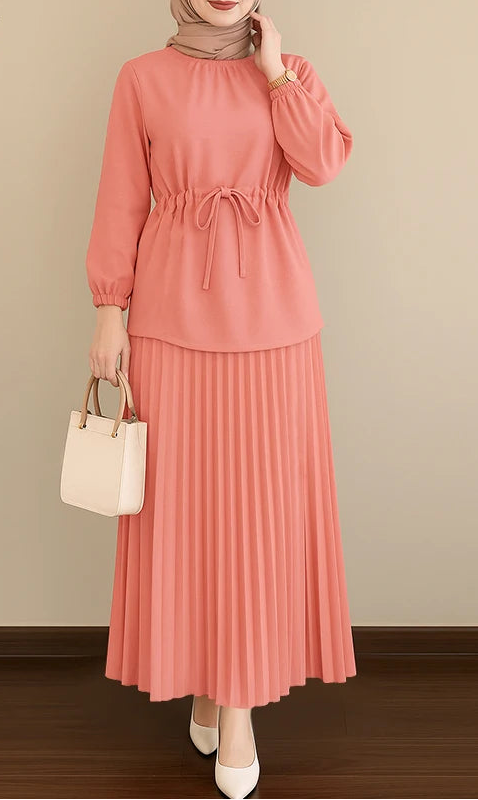 Autumn Outfits Muslim Women 2 Piece Sets Elegant Fashion Long Sleeve Tops Pleated Maxi Skirts Suit 2PCS Tracksuits