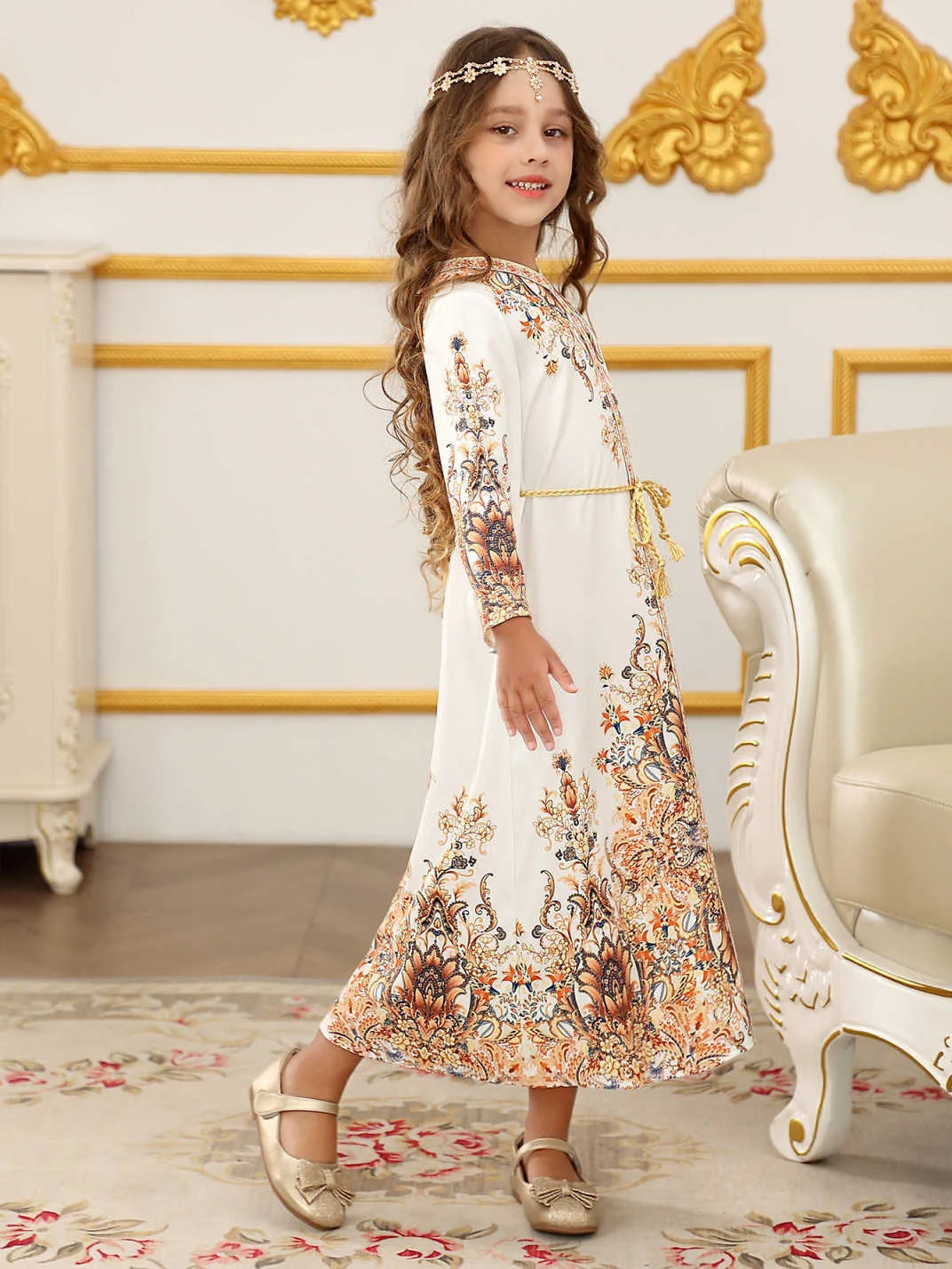 Middle East Robes for Girls Muslim Fashion Abayas Arabian Turkish Kaftan Dubai Islamic Children Clothing Print Dress Party Gowns